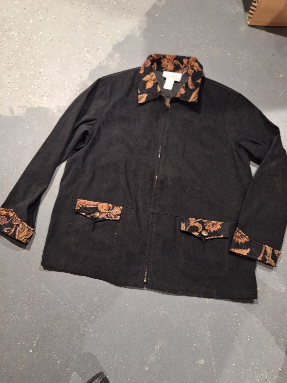 Susan Graver Black Zip-Front Jacket with Floral Trim.corduroy Textured